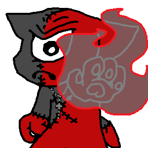 Sticky is a black-and-red cat with a grumpy look on his face. His color pattern appears to be stitched together with thread, giving him a doll-like appearance. Sticky is looking at the camera with a singular eye. He is wearing rosary beads and his hand is on fire.