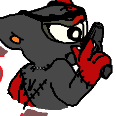 Sticky is a black-and-red cat with a grumpy look on his face. His color pattern appears to be stitched together with thread, giving him a doll-like appearance. Sticky is looking to the right with a singular eye. He is holding a firearm and wearing the proper PPE.