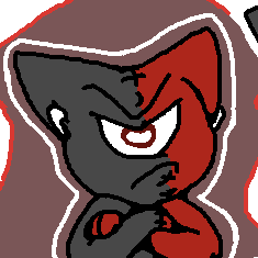 Sticky is a black-and-red cat with a grumpy look on his face. His color pattern appears to be stitched together with thread, giving him a doll-like appearance. Sticky is looking at the camera with a singular eye. He is wearing Airpods.